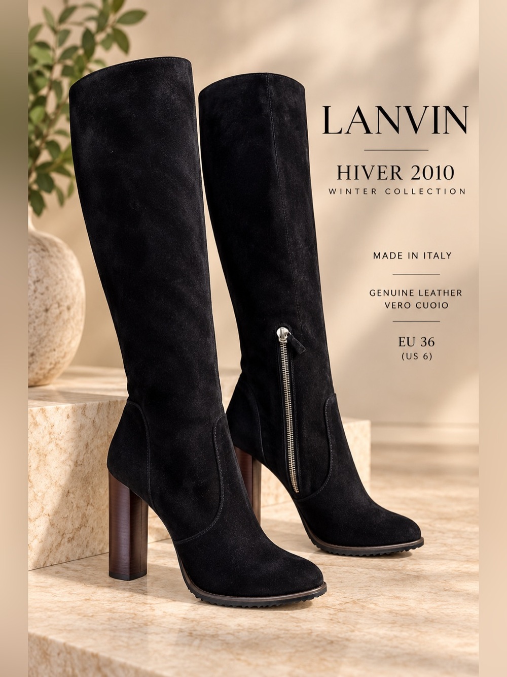 Lanvin Hiver 2010 Black Suede Knee High Boots EU 36